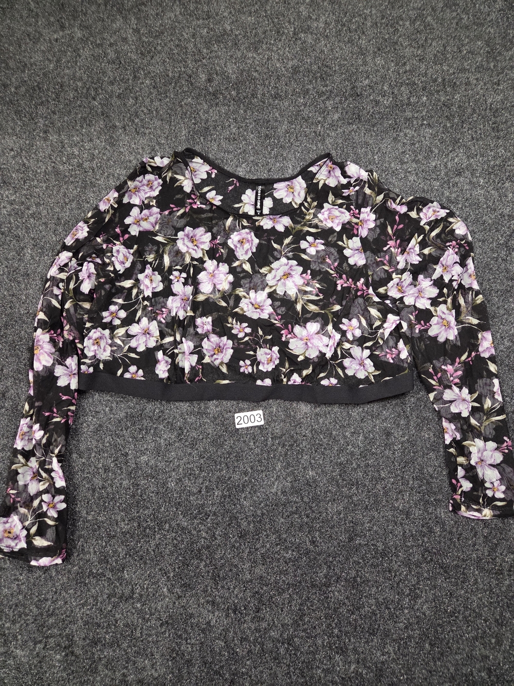 Black Floral Sheer Long-Sleeve Crop Top with Pink Flowers
